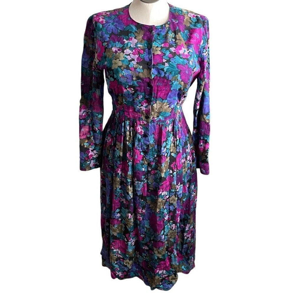 Vtg California Girl Womens Long Sleeve Midi Drop Waist Dress 12 Jewel Tone Retro